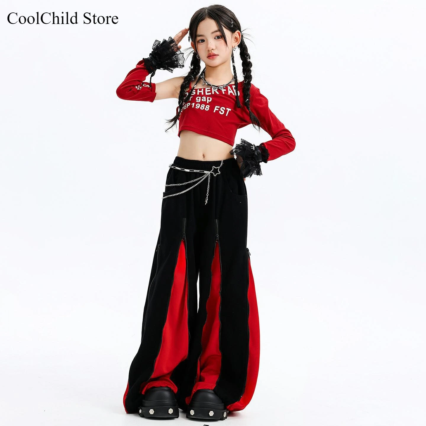 

Girls K-pop Off Shoulder Crop Top Contrast Loose Dance Pants Kid Hip Hop Streetwear Costume Children Jazz Girl Group Clothes Set