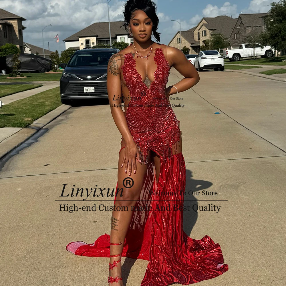 Luxurious Beading Prom Dress for Black Girl Side Slit Sequin Mermaid Evening Party Gown Customized Sleeveless vestido madrinha