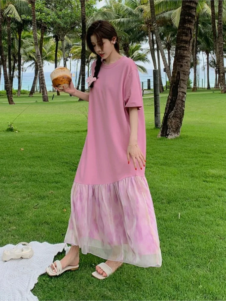 Plus Size Onregelmatige T-shirt Jurk Vrouwen Zomer Roze Tie-dye Mesh Korte Mouw Jurk Vrouw Losse Dames Jurken vestidos