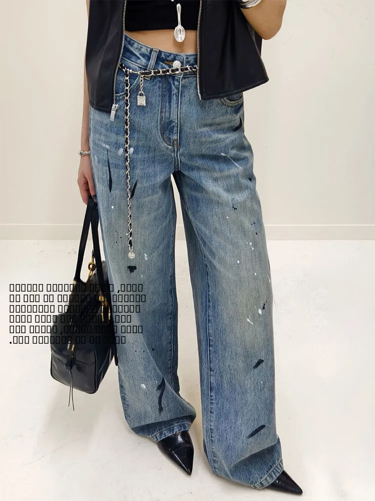 

Джинсы с высокой талией и широкими штанинами Meiyang Splaed Ink fiti Sle Винтажные синие джинсы с зауженной талией Повседневные длинные брюки свободного покроя