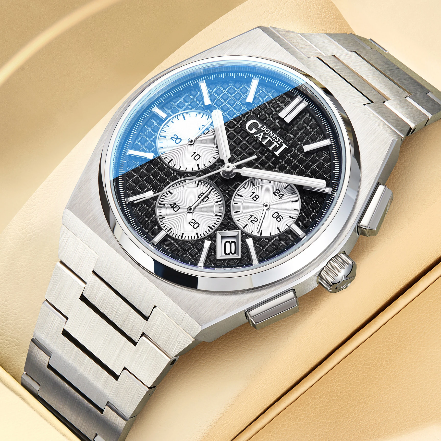 

Мужские часы BONEST GATTI с хронографом, 42 мм, кварцевые, водонепроницаемые до 30 м, с сапфировым стеклом, светящимся циферблатом и вафельным узором