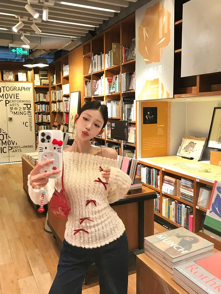 Deeptown 여성용 활 니트 풀오버, 오프숄더, 섹시한 긴팔 스웨터, 한국 스타일, 카와이, 가을, 겨울