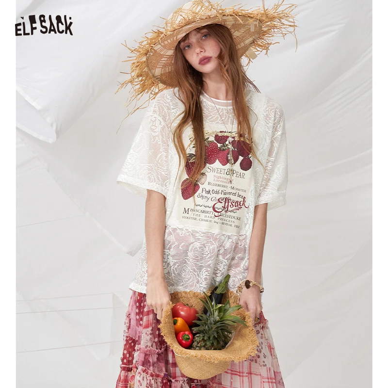 ELFSACK Cute Strawberry Print Mesh T-Shirt, Kawaii White Lace Sheer Oversized Tee, Casual Top for Summer