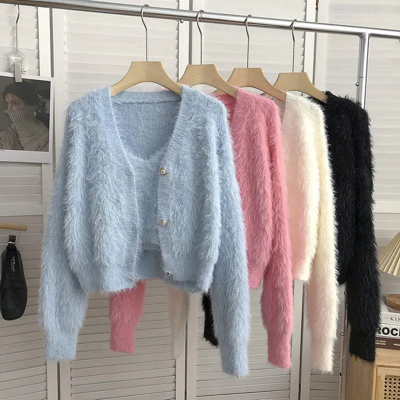 Mink Cashmere Camisole Tops Korean Fashion Fleece Short Pink Cardigan Knitted Coat Pull Sueter White Sweaters for Women 2 Sets