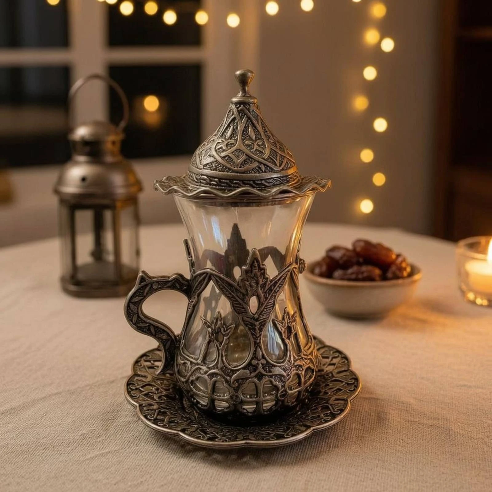 Turkish Tea Cup Set Embossed Lidded Tea Cup Set Textured Finish