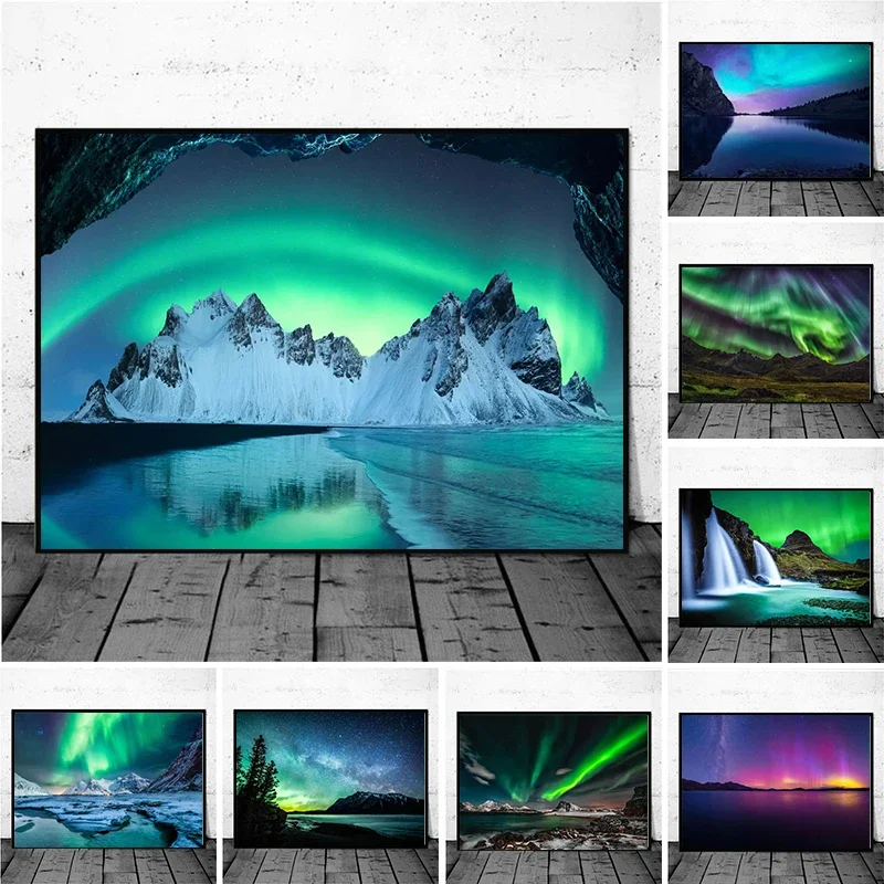 Iceland Aurora Borealis Landscape Poster and Prints Canvas Painting Wall Art Northern Polar Lights Nature Picture for Home De