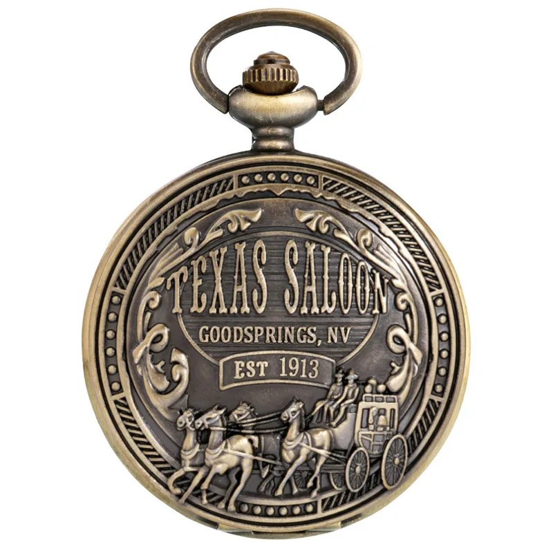 Vintage Style Carved Carriage Design Men Women Retro Analog Quartz Pocket Watch Necklace Chain Arabic Number Clock Gift