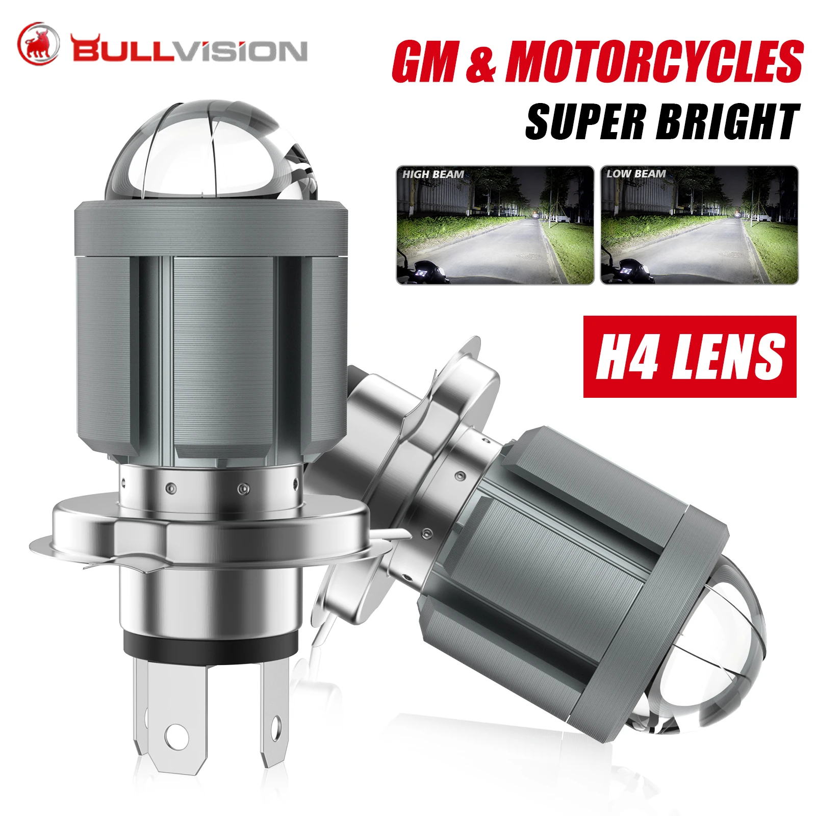 Bullvision 12-80V Universal H4 LED Motorcycle Headlight 6000K Angel Eye Motor Led Bulb Motorbike Head Lamp White High Low Beam