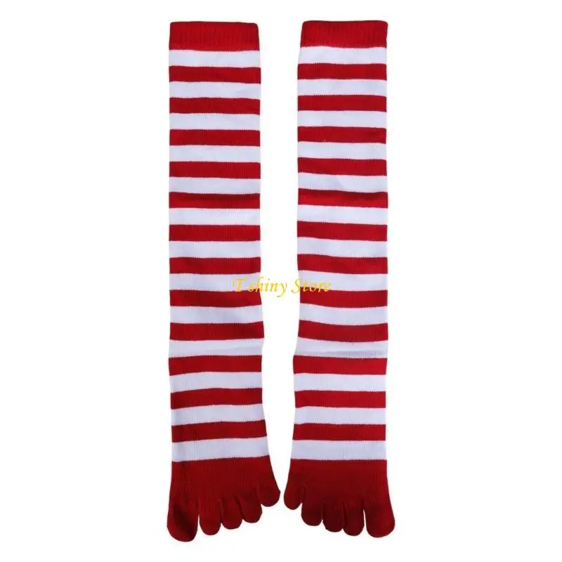 N58F Women Girls Split Toe 5 Finger Calf Socks Rainbow Colorful Striped Clover Printed Breathable Cotton Stretchy Student High