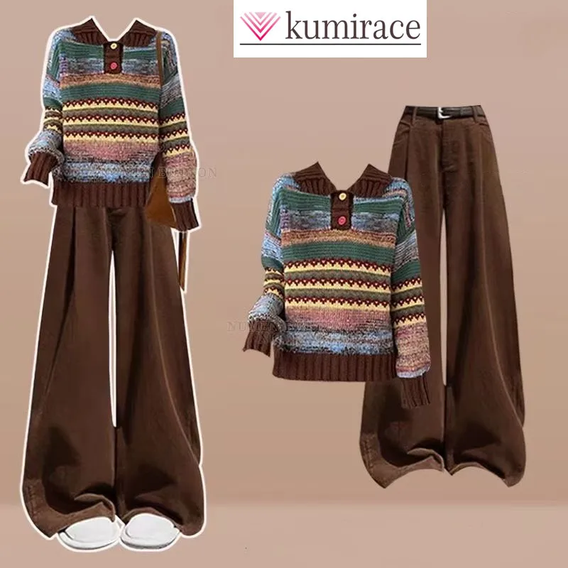 

Fashion Women's Set Autumn/Winter New Melad Striped Knitted Sweater+Slimming Casual Pants Two Piece Set