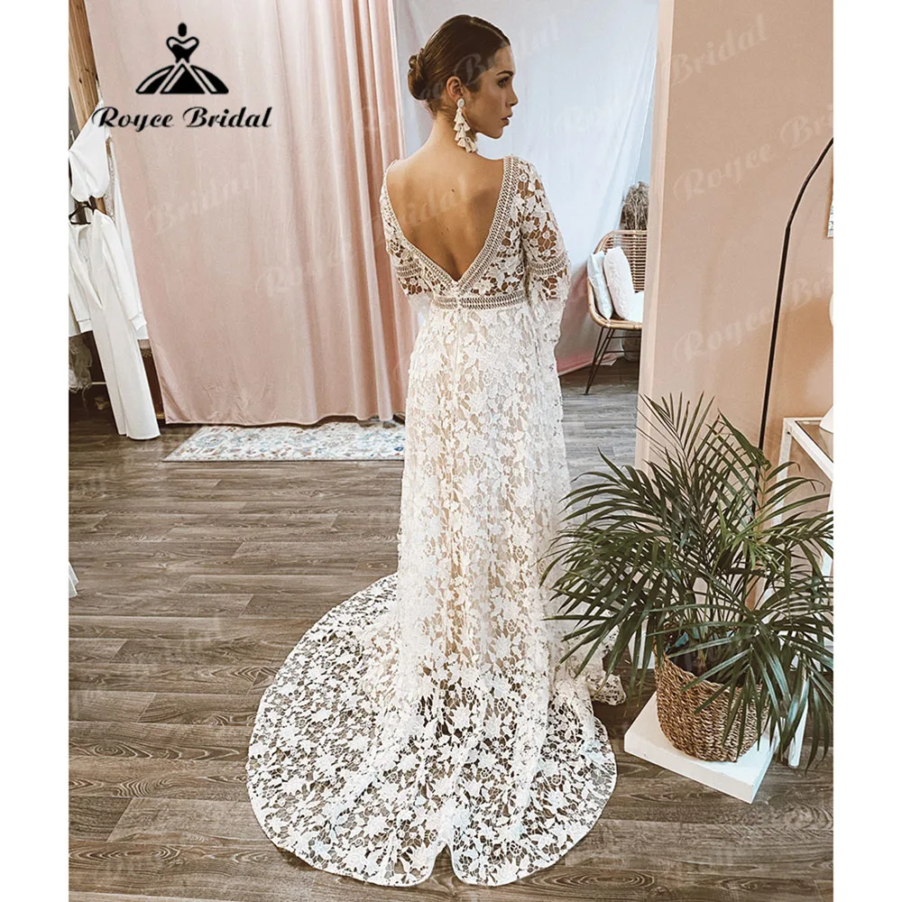 Bridal Boho Long Flare Sleeve Lace A Line Beach Wedding Dress Backless Wedding Gowns for Women Open Back vestido de casamento