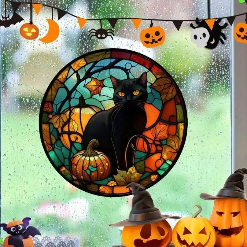 Halloween Black Cat Horror Castle PVC Window Stickers Static Cling Glass Decals Glue Free Halloween Party Home Decoration Props