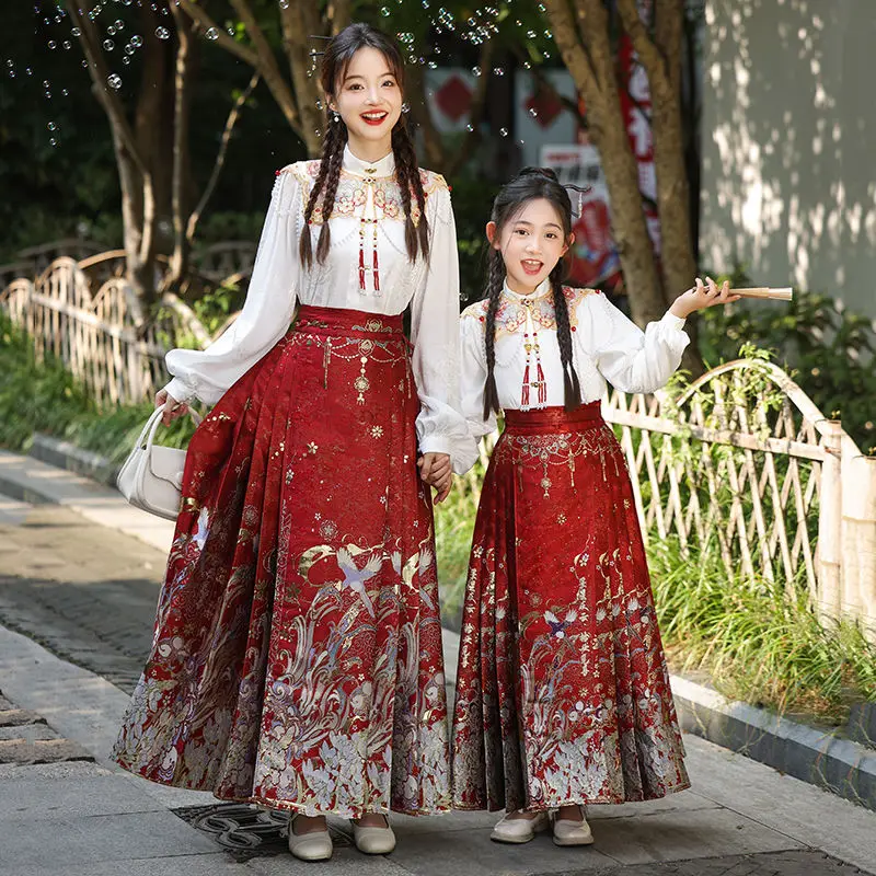 2025 Ming Dynasty Girls' Chinese Style Parent Child Clothing Mother and Daughter Tang style Hanfu Horse Face Skirt Suit LH749