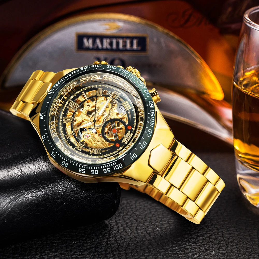 WINNER Classic Skeleton Automatic Mechanical Watch for Men Luminous Hands Gold Stainless Steel Strap Business Mens Watches Gifts