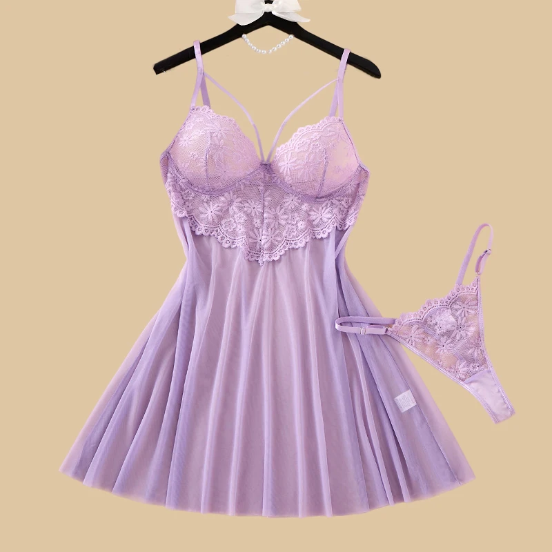 Light Purple Lace Nightdress Romantic Women's Pajamas Sheer Mesh V-Neck Slip Nightgown Summer Sleeveless Home Dress Sleepwear