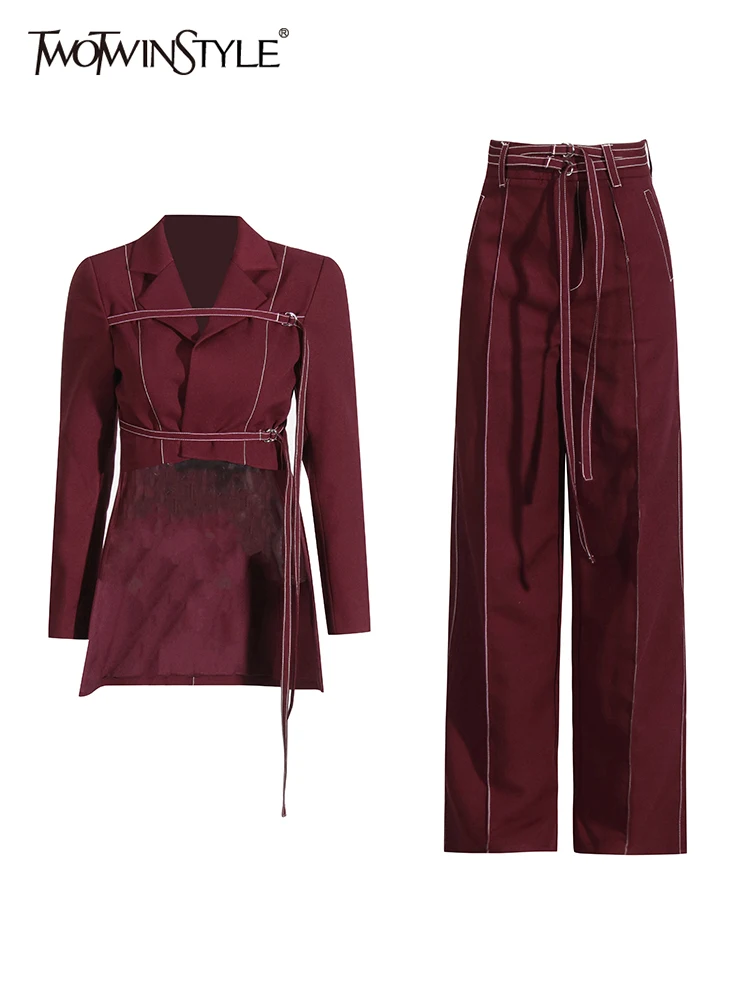 TWOTWINSTYLE Burgundy Two Piece Set For Women Notched Collar Long Sleeve Top High Waist Straight Pant Temperament Sets Female