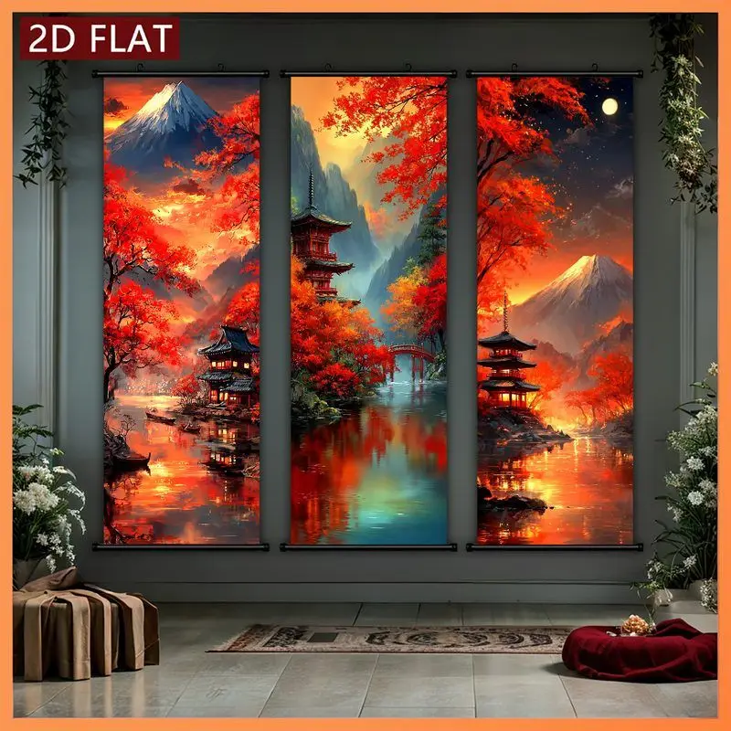 VIKAMA Autumn Maple Fuji Wall Tapestry Pagoda Bridge Sunset Water Reflection Scroll Art Home Decor Charming Soft Durable Cozy
