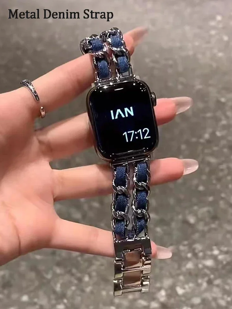 

Luxury Metal Denim Strap For Apple Watch Band Ultra 2 1 49mm 41 45mm 38 42mm 44 40mm Bracelet For iWatch 9 8 7 SE 6 5 4 3 Women