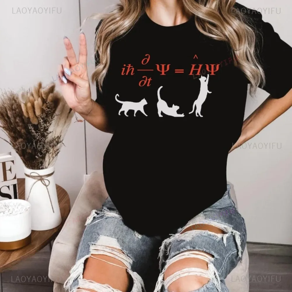 Quantum Mechanics and Cute Cat Equation Physics T Shirt Casual Fashion Loose Harajuku Hip Hop Man Tshirt Short Sleeve Women Tees