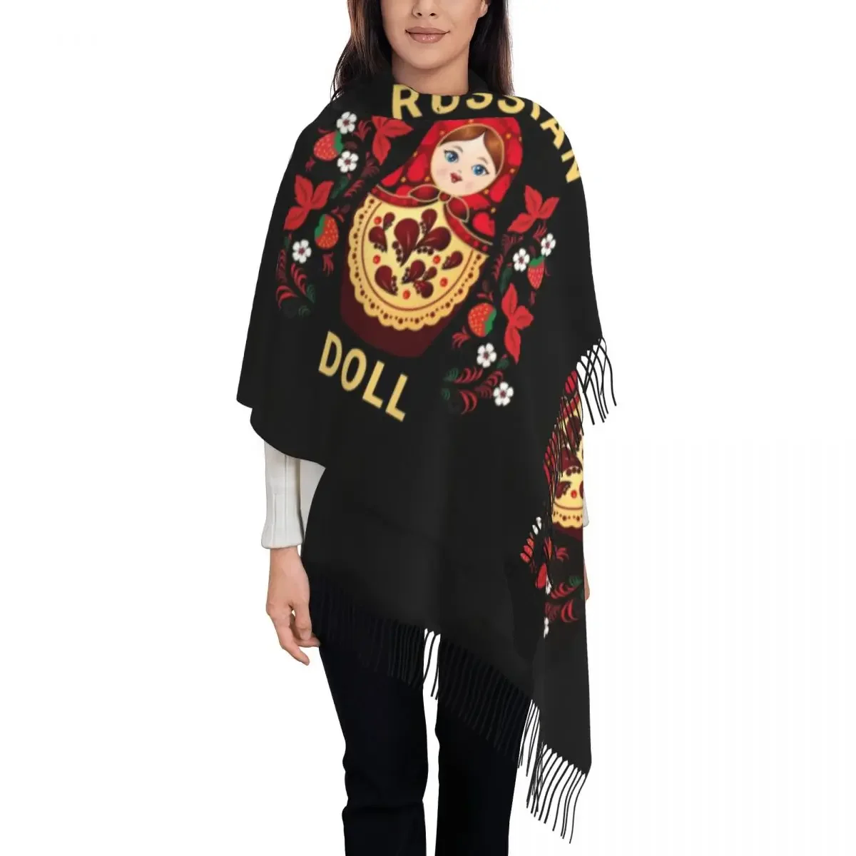 Russian Matryoshka Doll Tassel Scarf Women Soft Folk Art Shawls Wraps Female Winter Scarves