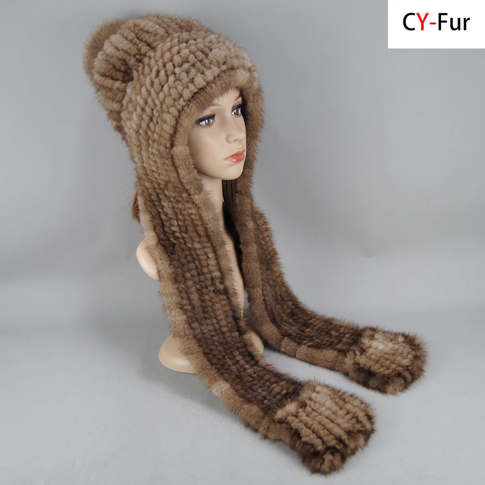 

Hot Sale Luxury Women Real Mink Fur Hat Scarf Winter Warm Natural Mink Fur Cap Scarves Lady Knit Luxury Real Fur Hats Muffler