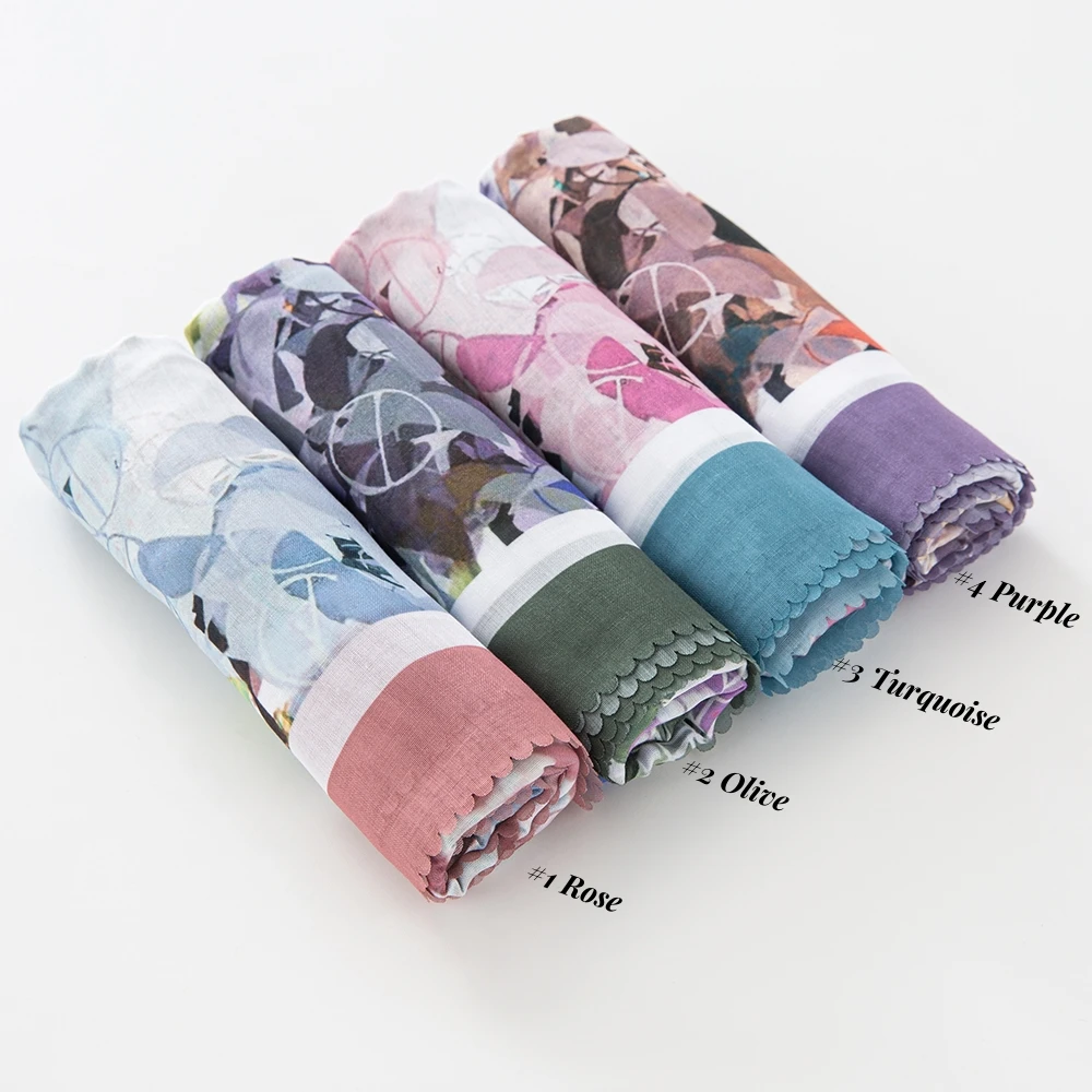 NEW Malaysia Tudung Bawal Flower Print Hijab Laser Cut Edge Headscarf Premium Cotton Voile Soft Muslim Square Scarf