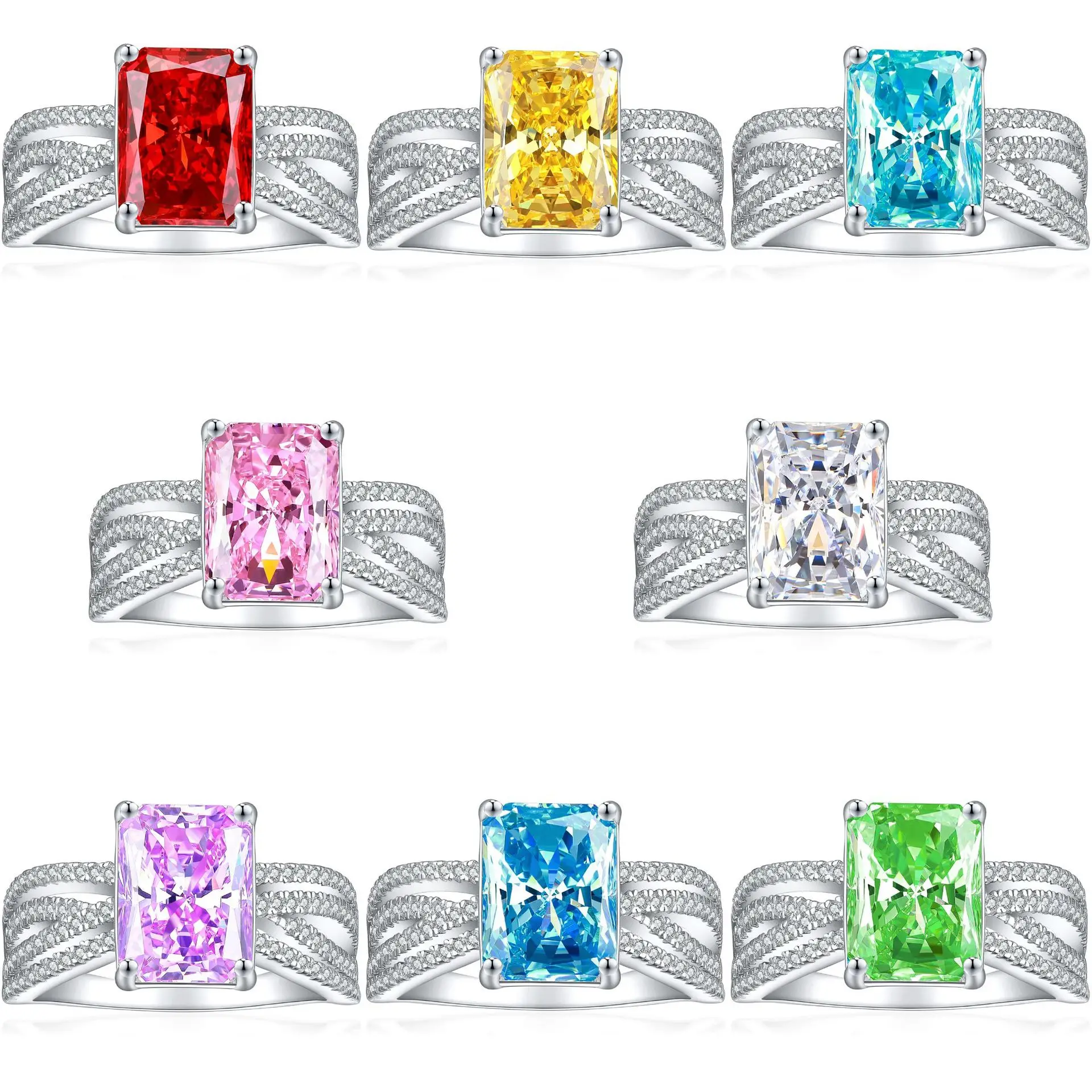 

S925sterling silver plated 18K gold PT950 platinum fashionable square diamond ring square gemstone flame ice flower cutting ring