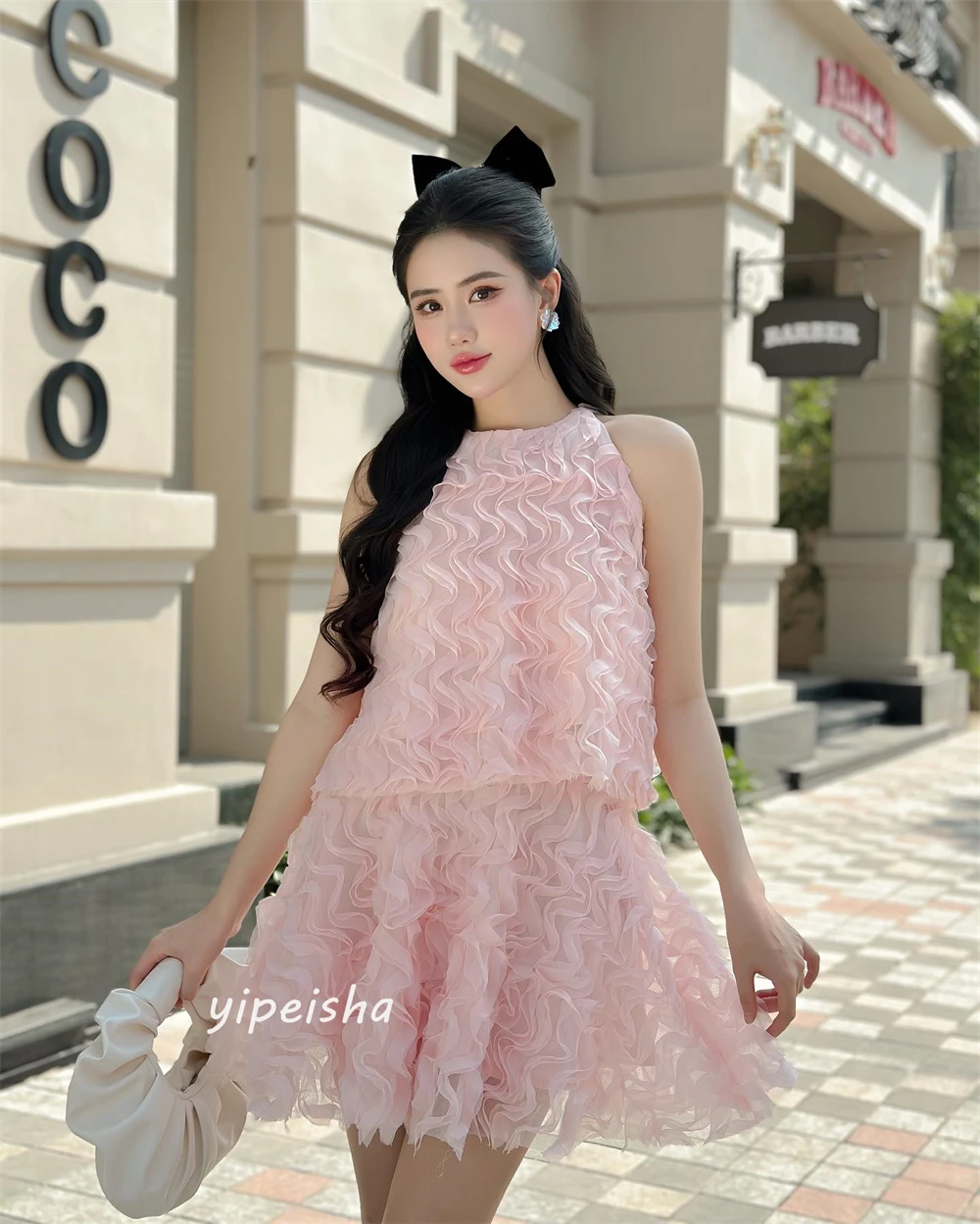 Organza Pleat Valentine's Day A-line O-Neck Bespoke Occasion Dresses Knee-Length