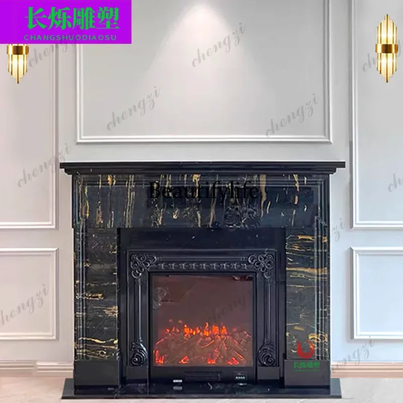 PPP Fireplace French Marble Fireplace Black Golden Flower Stone Black Retro Simple American Fireplace