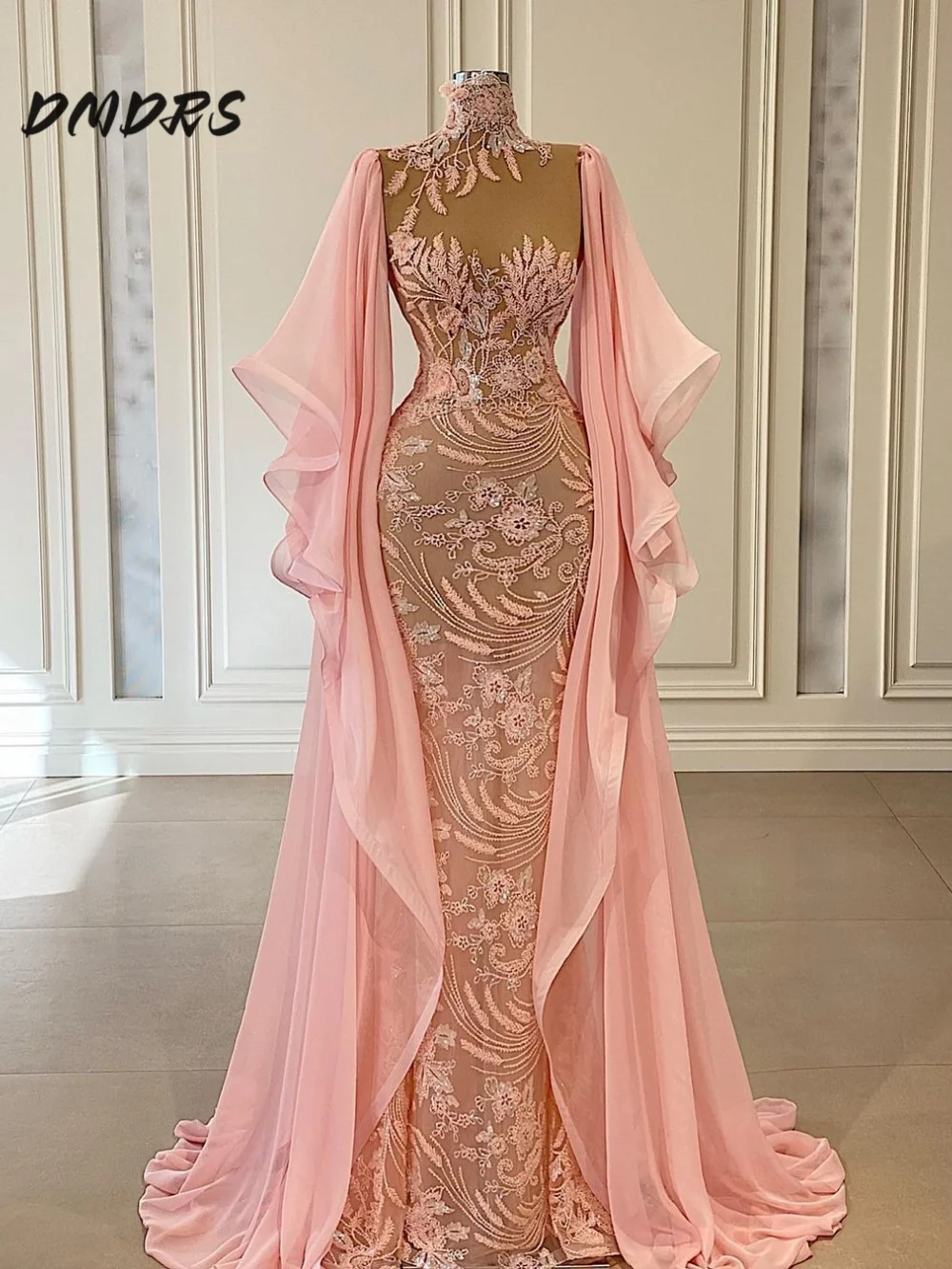 

Classic Dubai Arabic Pink Floral Lace Evening Dress Robes De Soirée Customized High Neck Mermaid Long Sleeve Prom Party Dress