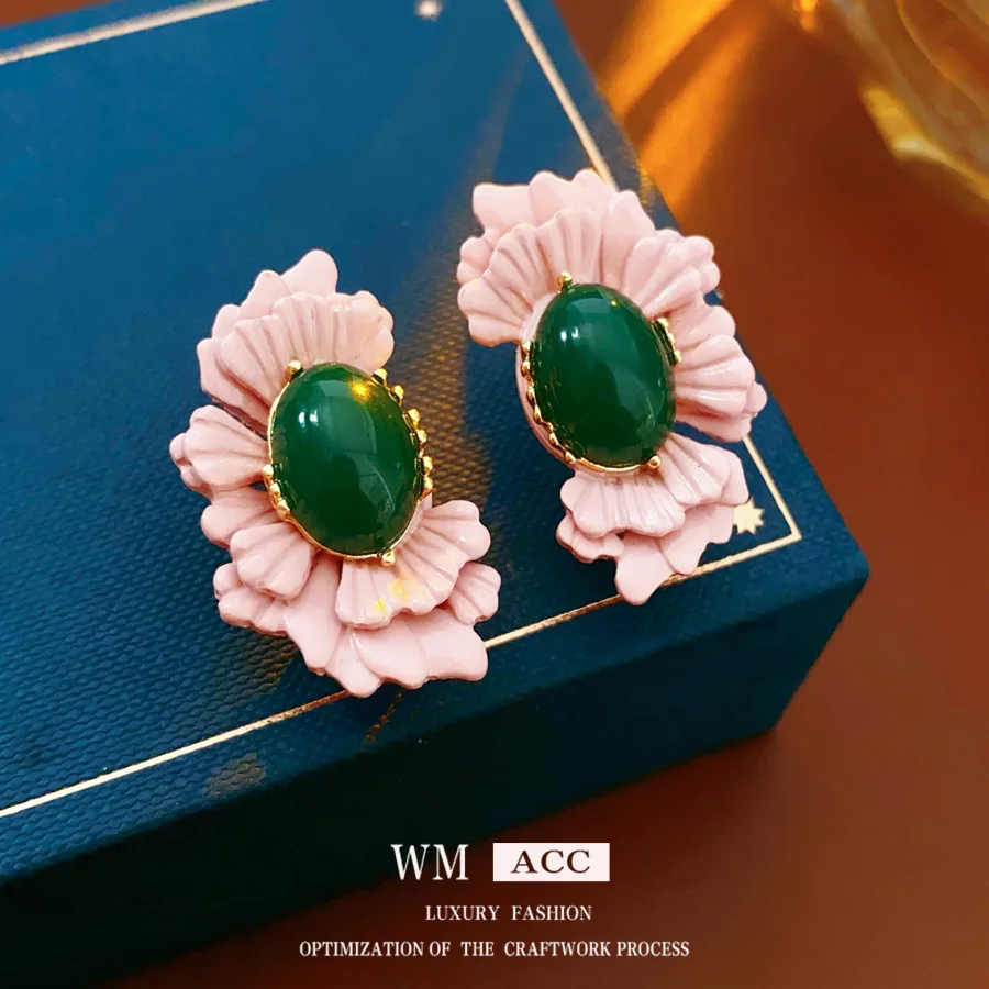 Luxury Oval Crystal Flower Earrings For Women Mujer Elegant Resin Petal Earrings Daily Office Banquet Jewelry Gift