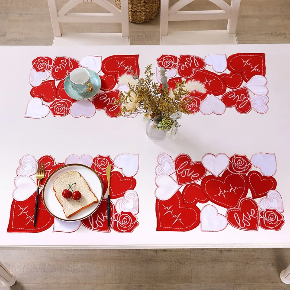 

Valentine's Day Embroidered Red & Pink Heart Placemats Set Romantic Love Heart/Rose Pattern Table Mats for Wedding, Dinner Party