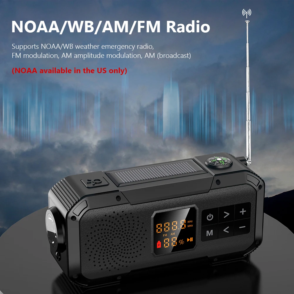 كرنك اليد راديو الطوارئ AM/FM/WB/NOAA راديو الطقس راديو يعمل بالطاقة الشمسية مع مكبر صوت BT مصباح يدوي SOS إنذار بوصلة
