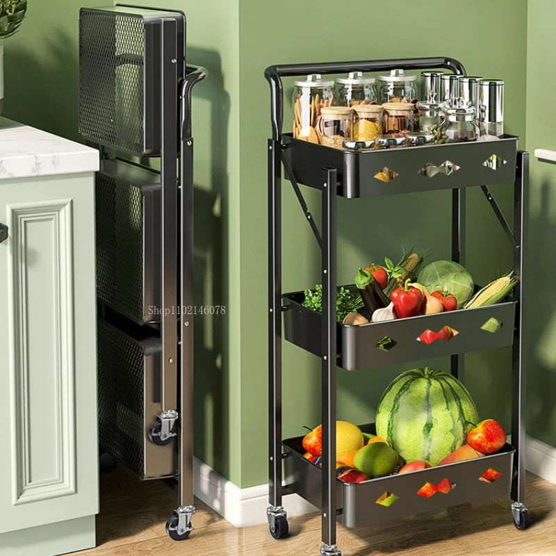 Folding Trolley Suitable for Household Large Vegetable and Fruit Snack Supplies Kitchen Shelf Multi-layer Store Rolling Cart