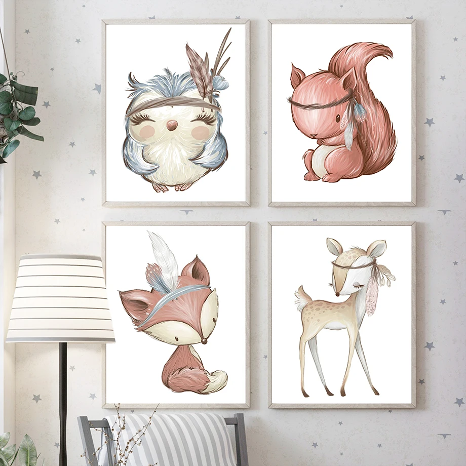 Sika Deer Fox Rabbit Owl Bear Raccoon Squirrel Nordic Wall Art Canvas Painting Posters Prints for Living Room Decor