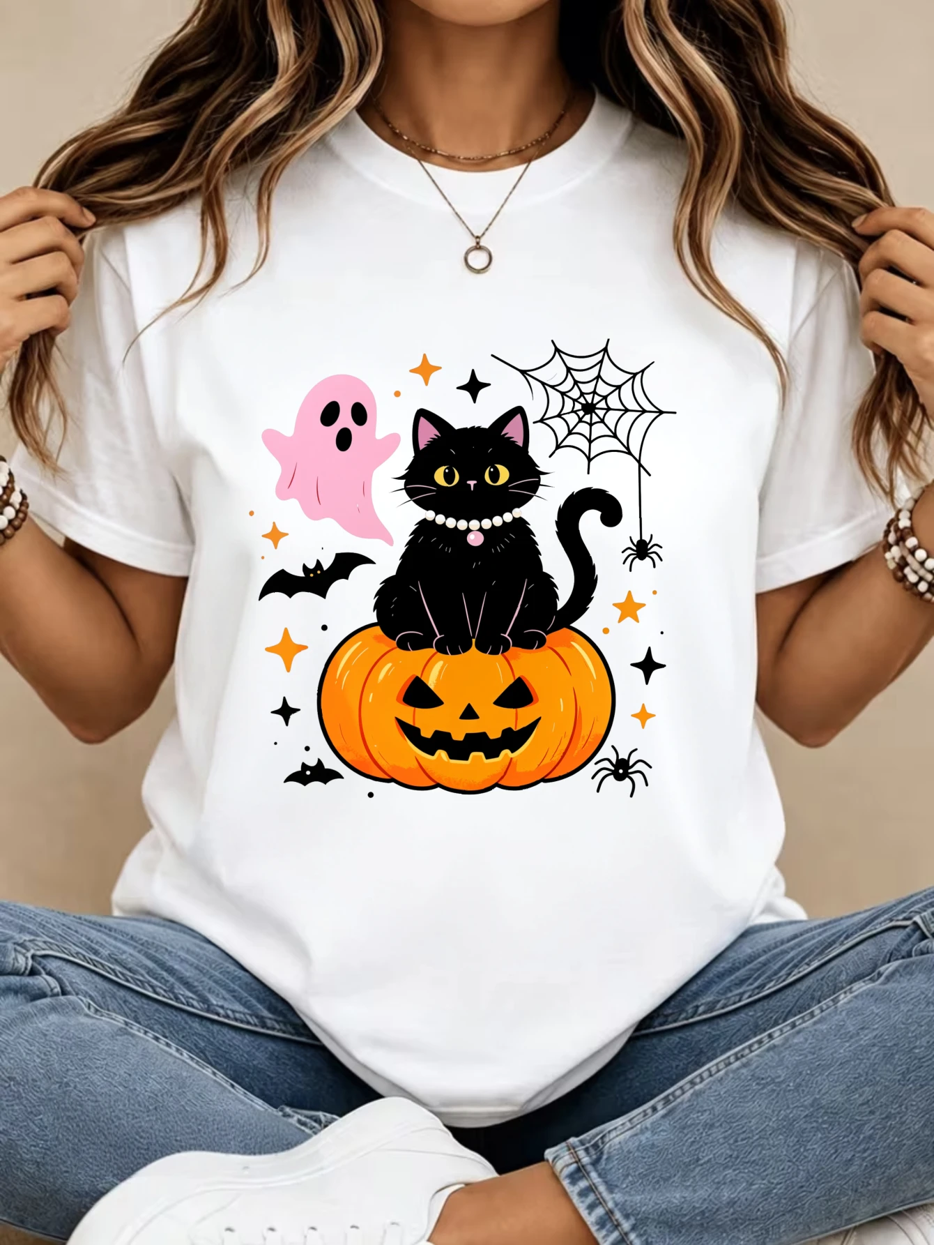 Round Neck Short Sleeve T‑Shirt Halloween Black Cat on Pumpkin with Spider Web Pattern Print T Shirt Family Matching Clothes