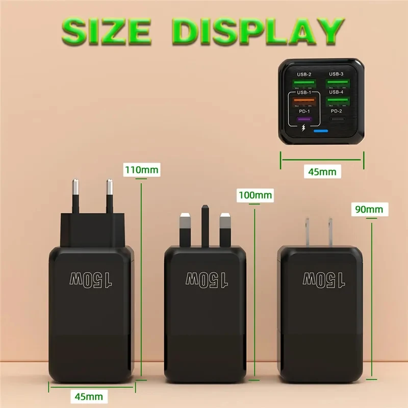 샤오미 150W PD QC 3.0 USB C 고속 충전기 벽 어댑터, 아이폰 삼성 아이패드 화웨이 원플러스 OPPO용 초고속 충전, 6 포트