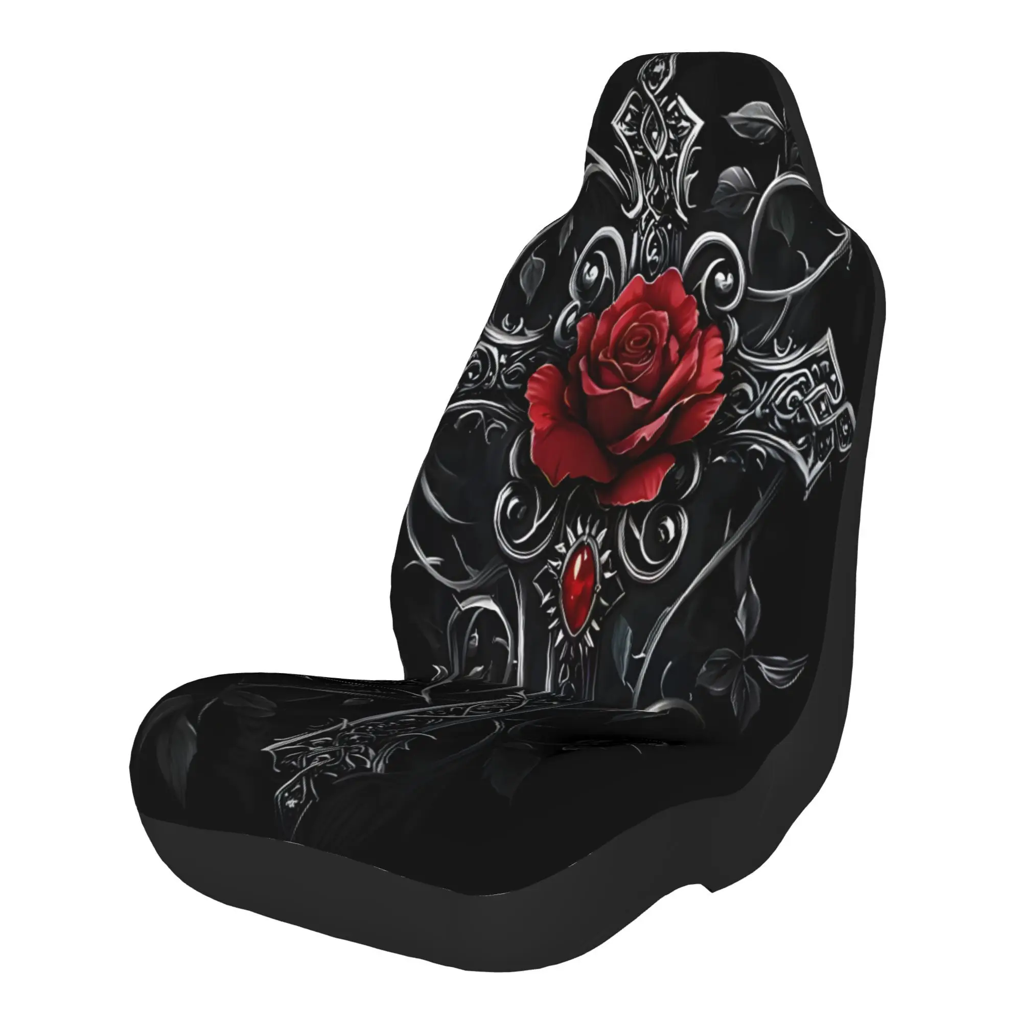 2pcs Gothic Cross Adorned With Red Rose And Intricate Silvery VinesCar Seat Covers, Suitable For All Vehicles, Christmas Gifts A