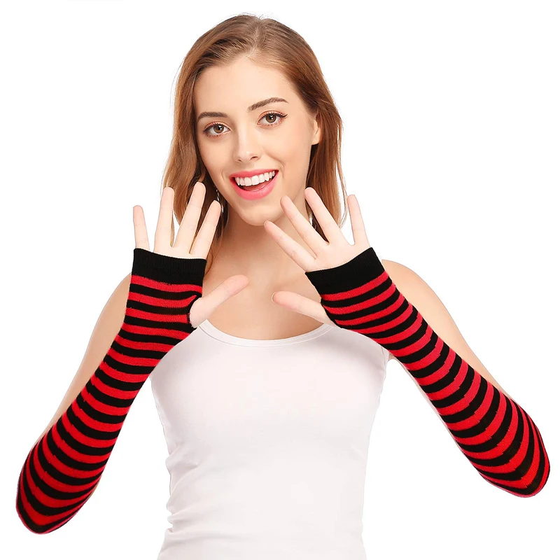 New Winter Warm Long Sleeves Gloves for Man Women Fingerless Stripe Hip-Hop Punk Korea Knitted Elbow Mittens Elastic Warmer Arm