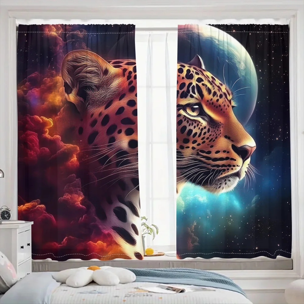 

Magical Leopard Curtains Sun Moon Starry Print Drapes Cool Animal Theme Living Room Bedroom Decor Curtains 2 Panels Set