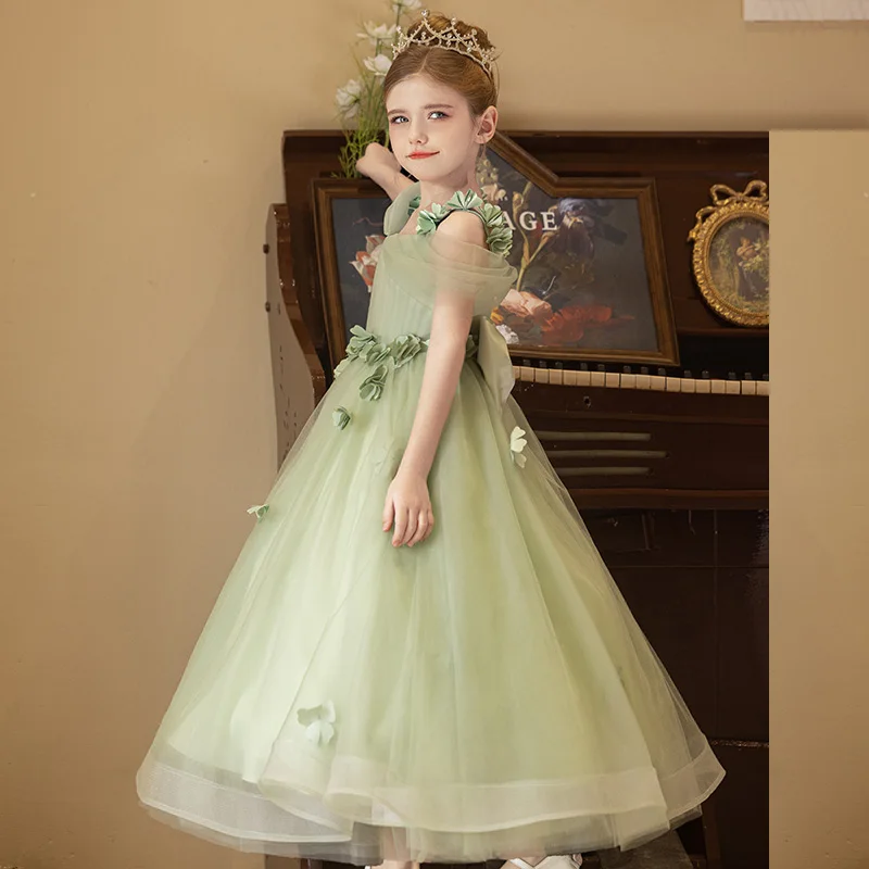 

Girls 3D Flower Waist Bow Mesh Flower Girl Dress Evening Dress Small Concert Dress/Custom