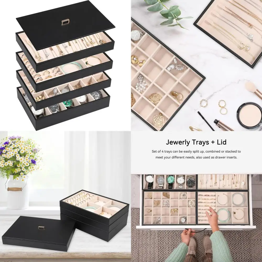 

Leather Stackable Jewelry Organizer with Lid, 4-Piece Set for Drawer, Black