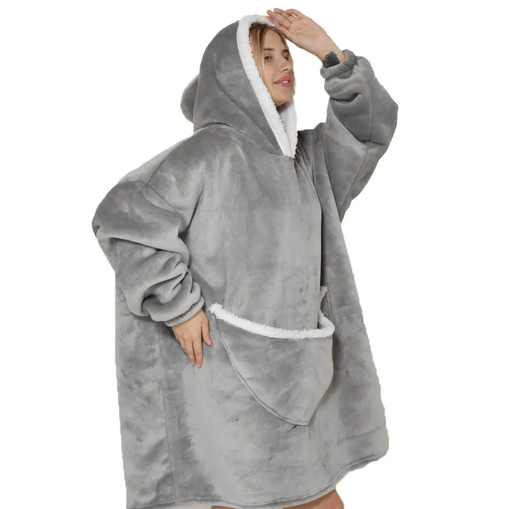 Couverture polaire surdimensionnée avec manches pour femmes et hommes, pull à capuche, grande poche, gris, chaud et épais, pour TV, Robe pour Couple, hiver