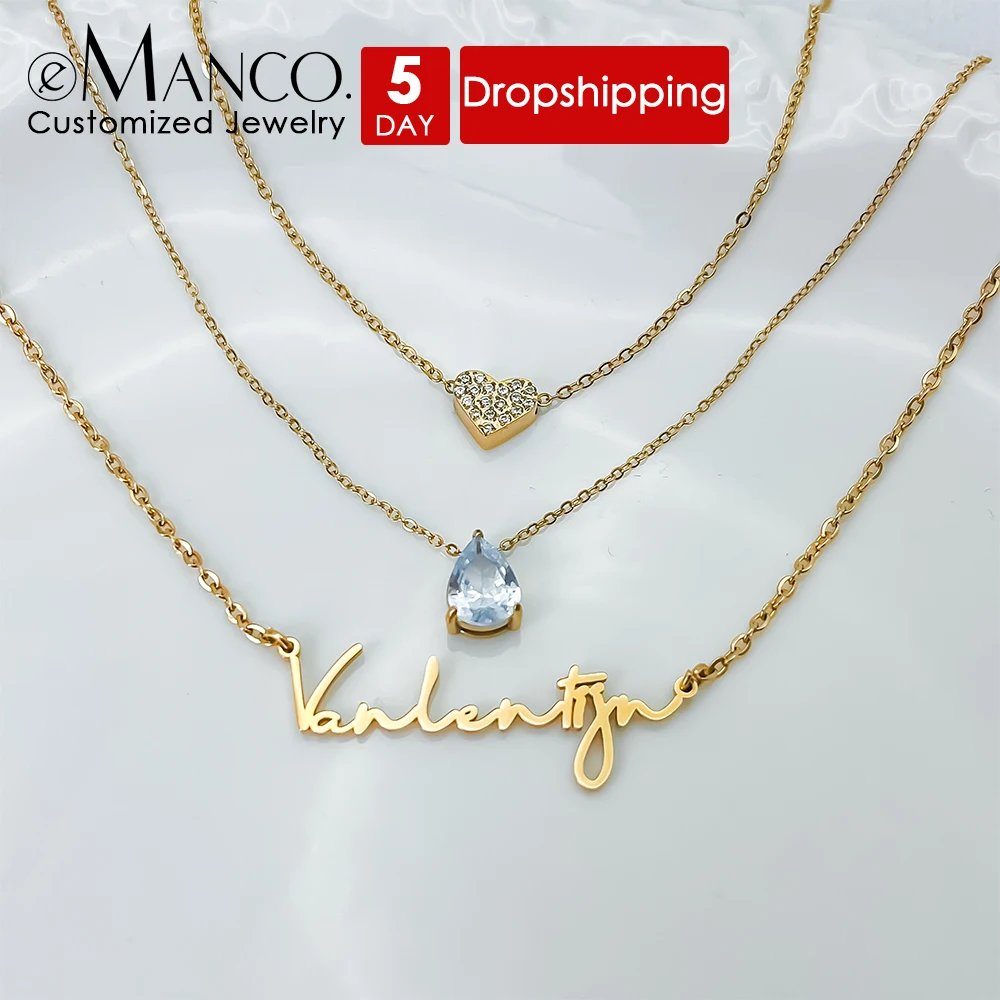 

eManco High Quality Stackable Name Necklace Stainless Steel Diamond Heart Pendant Personalized Monogrammed Jewelry