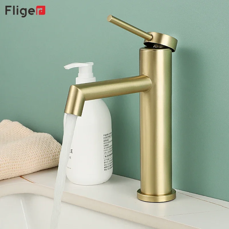 Grifos de lavabo de oro cepillado Fliger, grifo de lavabo de baño en cascada, grifo de baño de acero inoxidable, grifos mezcladores de agua fría y caliente