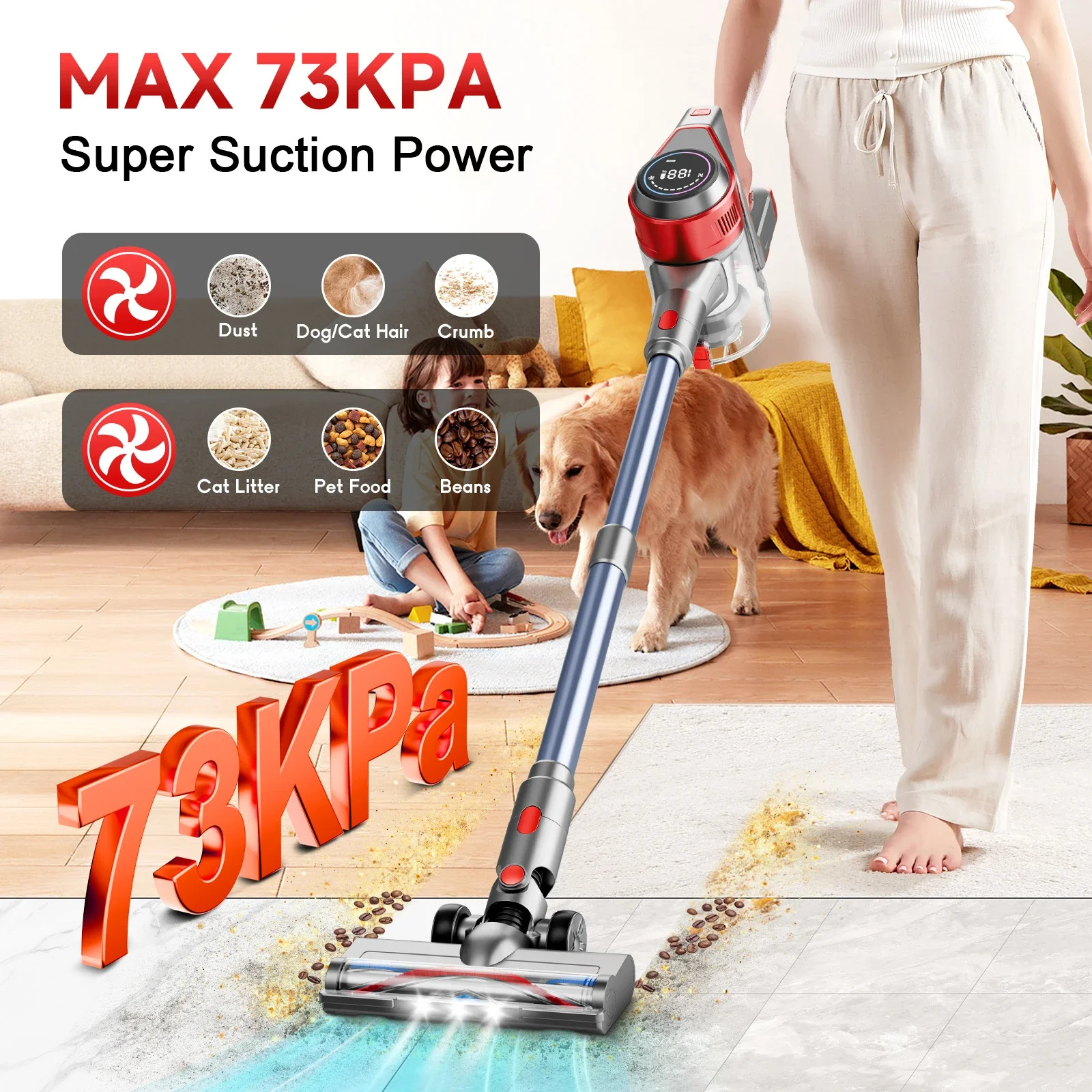 Honki Cordless Vacuum Cleaner 73KPA 45Mins 6*2200mAh Lightweight Stick Vacuum Cleaner for Home Hardwood Floor Carpet Pet Hair