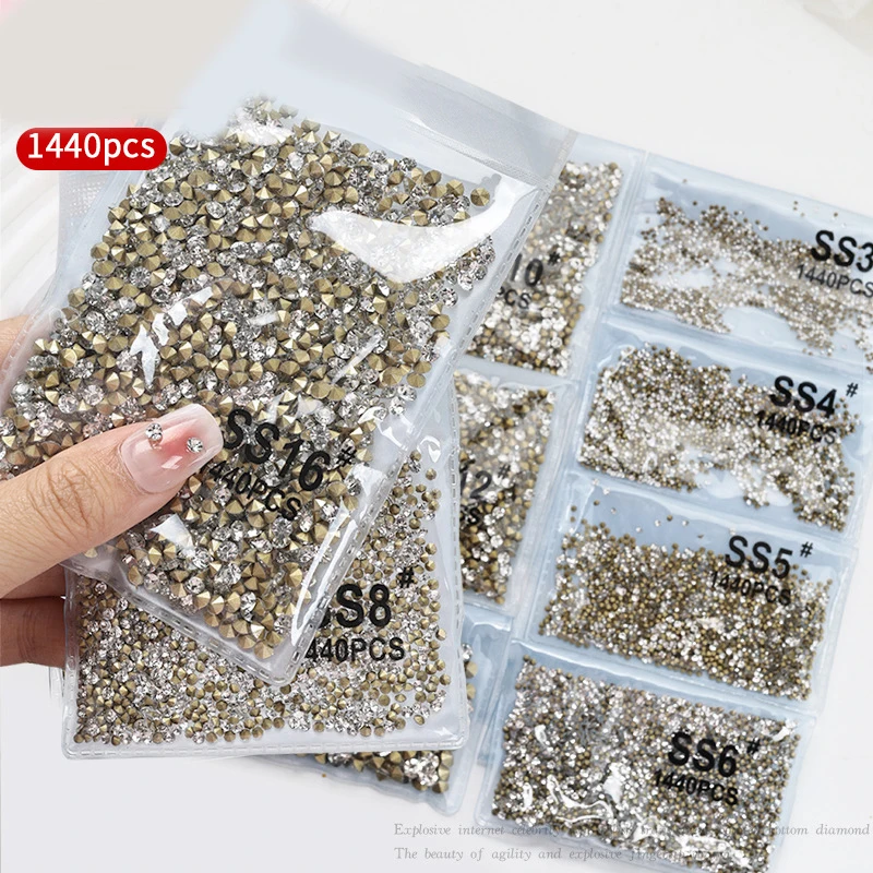NEW 1440pcs Glitter Crystal Clear Rhinestones Non Hotfix FlatBack Strass Sewing/Fabric/ Nail Art Rhinestones Decorations