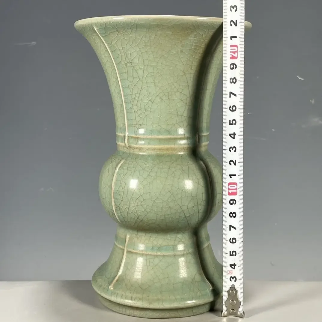 Collectible Song Dynasty Ru Ware Celadon Gu Vase, Full Natural Ice-Crack Craquelure Glaze, Antique Oriental Display Curio