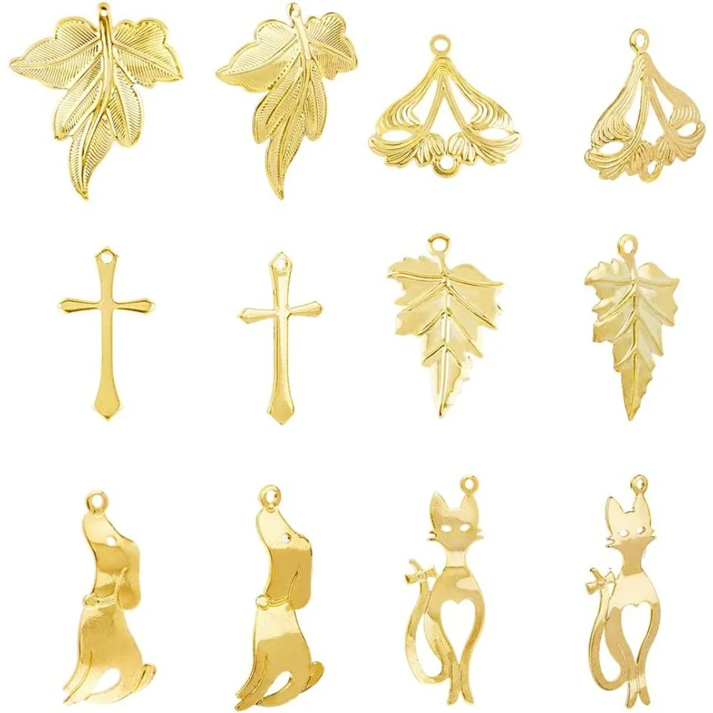 

48Pcs 6 Style Brass Pendants Cross Charms Pendants Rack Brass Pendants Dog Maple Leaf Cat Silhouette Shape Pendants