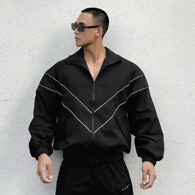 Reflective Jacket Men Loose Casual Windbreaker Coat Solid Color Outdoor Streetwear Lightweight Zip Up Outerwear